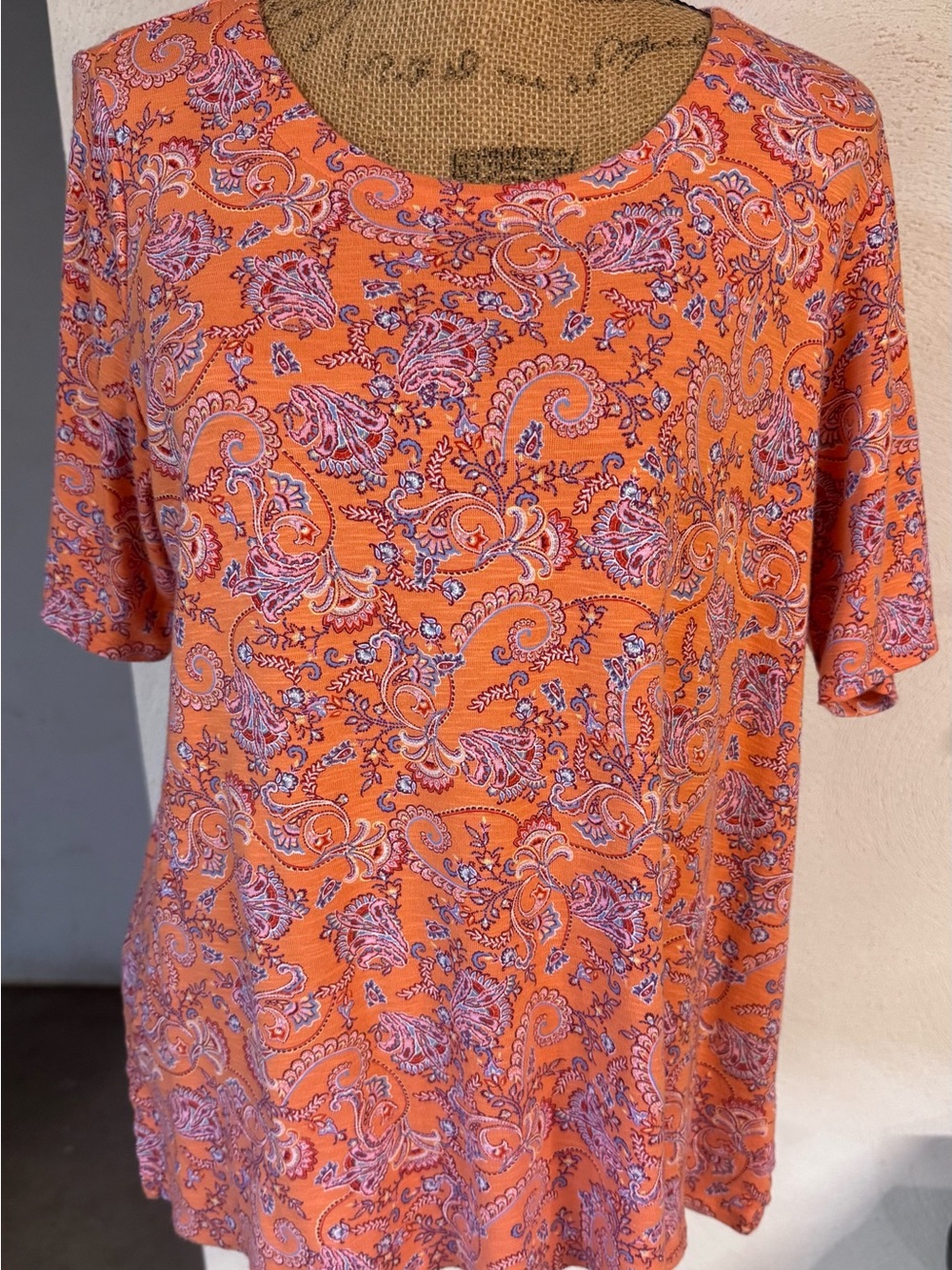 J. Jill Orange Paisley Short-Sleeve Tee with Pink and Purple Accents